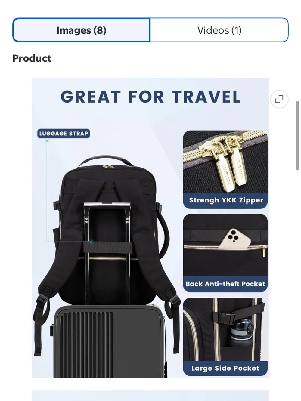 Lovevook Black Travel Luggage Backpack with Gold Accents NWOT
